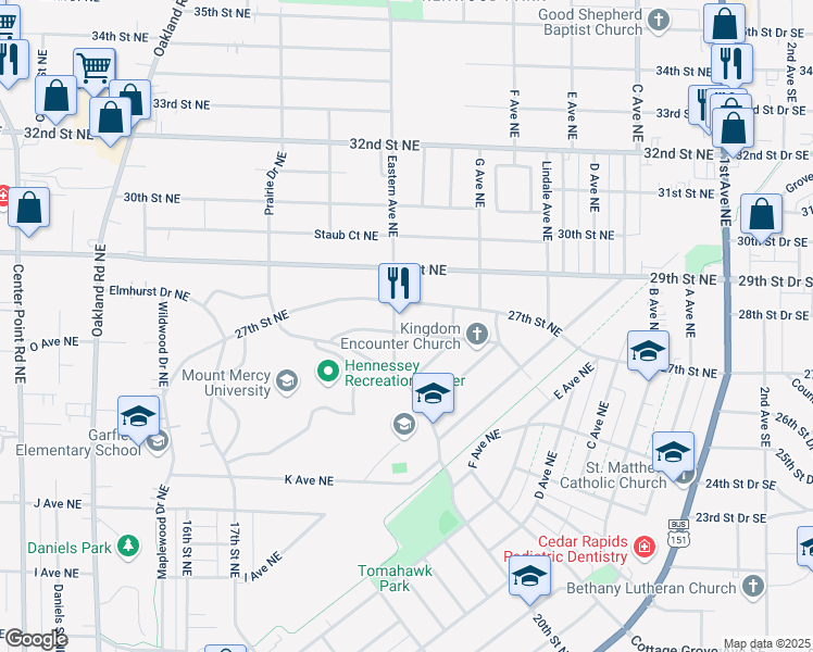 map of restaurants, bars, coffee shops, grocery stores, and more near 829-835 25th Street Northeast in Cedar Rapids