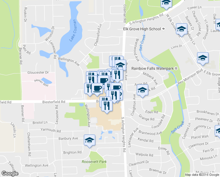 map of restaurants, bars, coffee shops, grocery stores, and more near 80 Biesterfield Road in Elk Grove Village