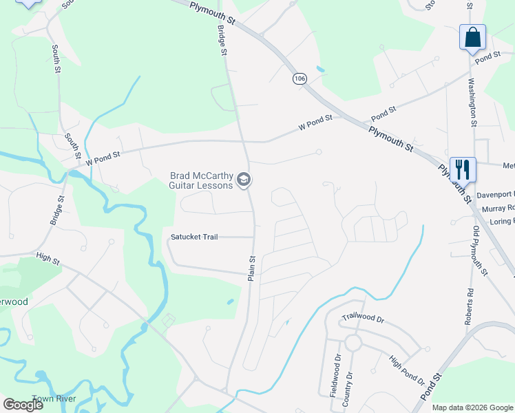 map of restaurants, bars, coffee shops, grocery stores, and more near 313 Plain Street in Bridgewater