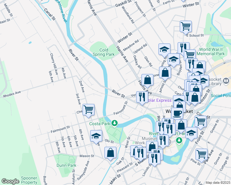 map of restaurants, bars, coffee shops, grocery stores, and more near River Street in Woonsocket