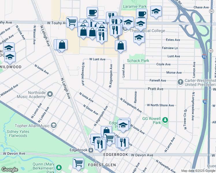 map of restaurants, bars, coffee shops, grocery stores, and more near 6800 North Algonquin Avenue in Chicago