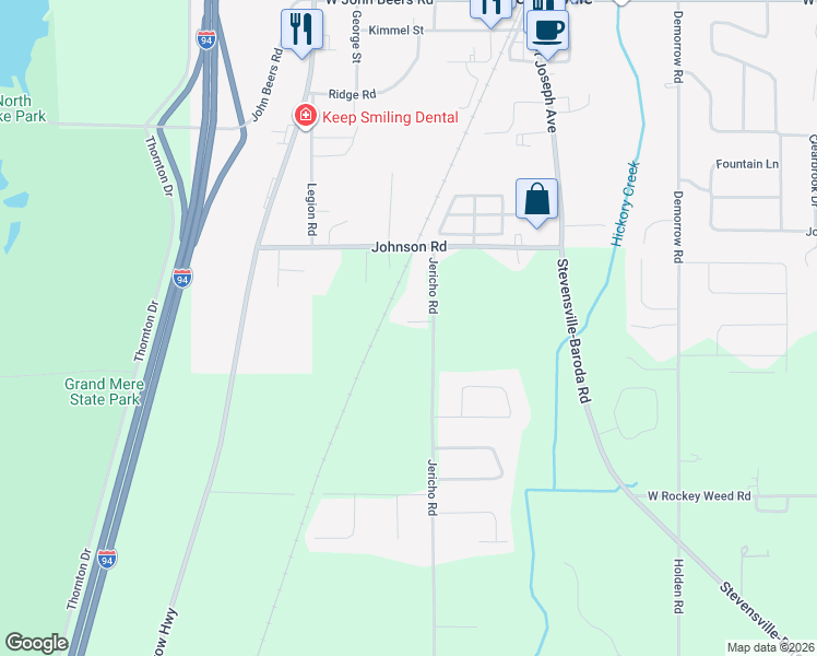 map of restaurants, bars, coffee shops, grocery stores, and more near 6230 Jericho Road in Stevensville