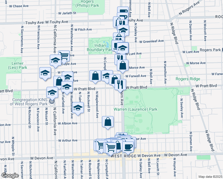map of restaurants, bars, coffee shops, grocery stores, and more near 6744 North Artesian Avenue in Chicago