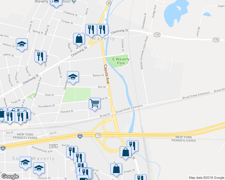 map of restaurants, bars, coffee shops, grocery stores, and more near 460 Cayuta Avenue in Waverly