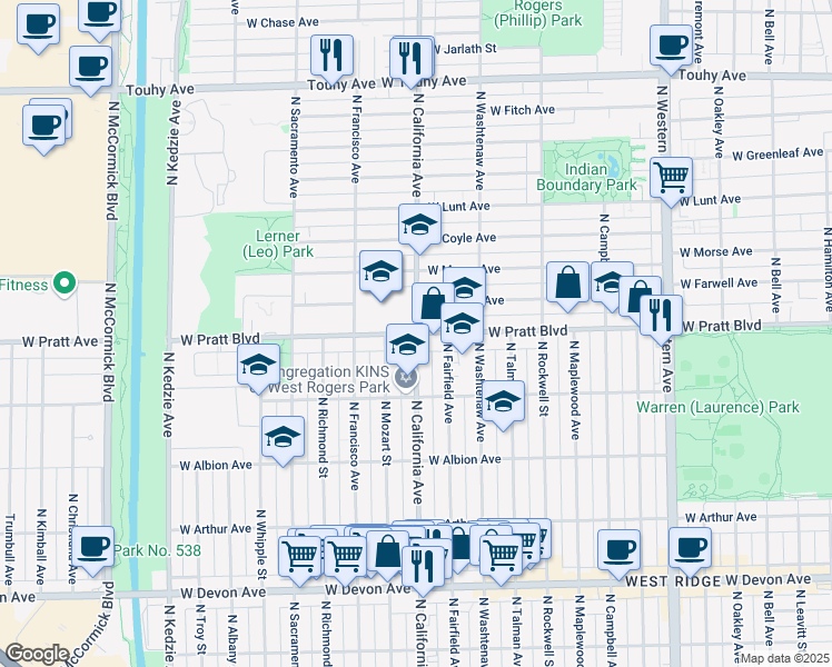 map of restaurants, bars, coffee shops, grocery stores, and more near N California Ave & W Pratt Blvd in Chicago