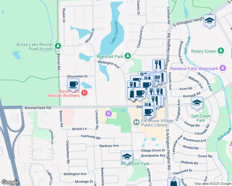 map of restaurants, bars, coffee shops, grocery stores, and more near 850 Wellington Avenue in Elk Grove Village