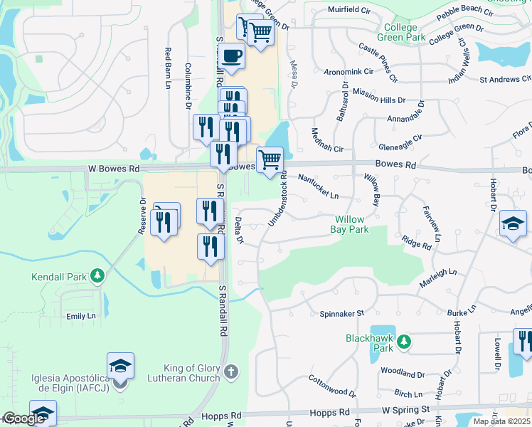 map of restaurants, bars, coffee shops, grocery stores, and more near 297 Delta Drive in Elgin