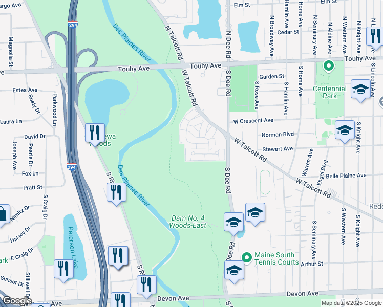 map of restaurants, bars, coffee shops, grocery stores, and more near 2500 Windsor Mall in Park Ridge