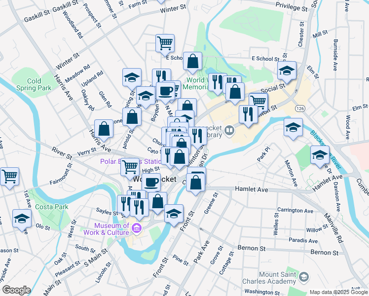 map of restaurants, bars, coffee shops, grocery stores, and more near 285 Main Street in Woonsocket