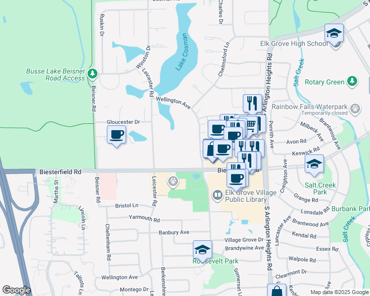 map of restaurants, bars, coffee shops, grocery stores, and more near 850 Wellington Avenue in Elk Grove Village