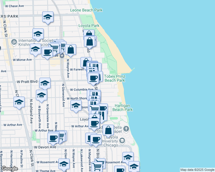 map of restaurants, bars, coffee shops, grocery stores, and more near 1101 West Columbia Avenue in Chicago