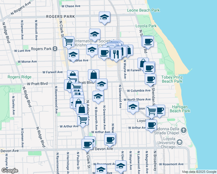 map of restaurants, bars, coffee shops, grocery stores, and more near 6732 North Newgard Avenue in Chicago