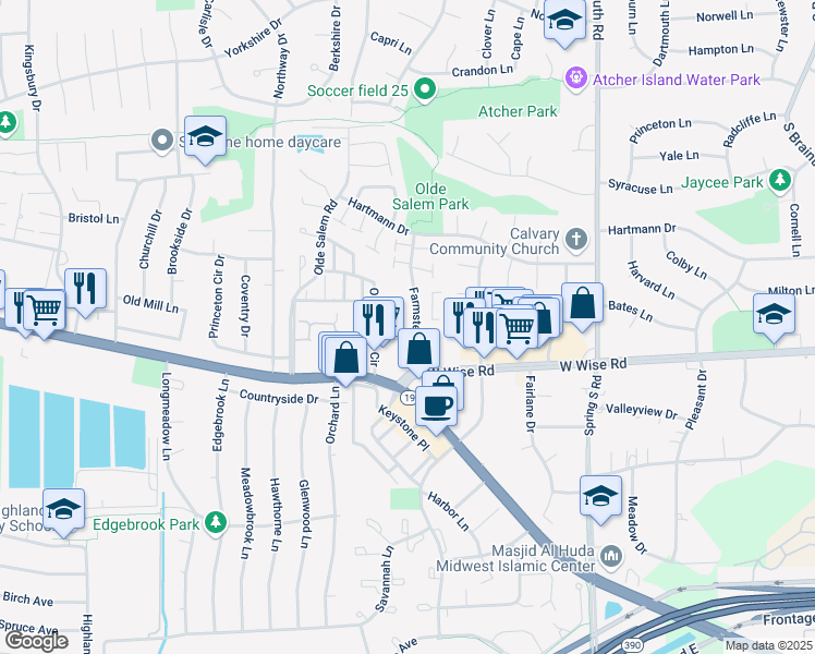map of restaurants, bars, coffee shops, grocery stores, and more near 7451 Grant Circle in Hanover Park