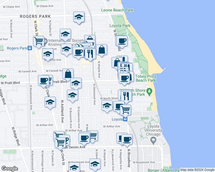 map of restaurants, bars, coffee shops, grocery stores, and more near 6744 North Lakewood Avenue in Chicago