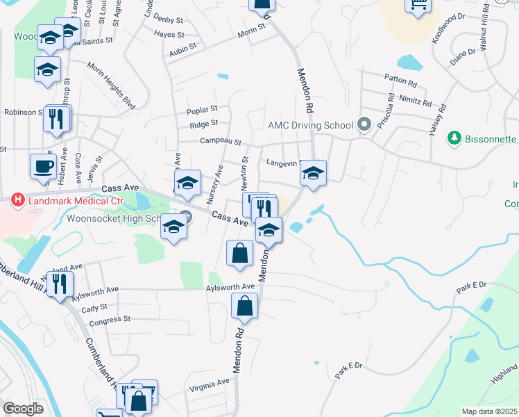 map of restaurants, bars, coffee shops, grocery stores, and more near 26 Dana Street in Woonsocket