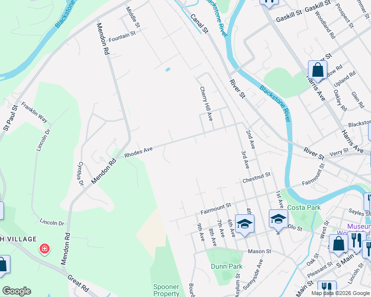 map of restaurants, bars, coffee shops, grocery stores, and more near 328 Rhodes Avenue in Woonsocket