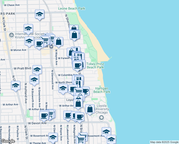 map of restaurants, bars, coffee shops, grocery stores, and more near 1101 West Columbia Avenue in Chicago
