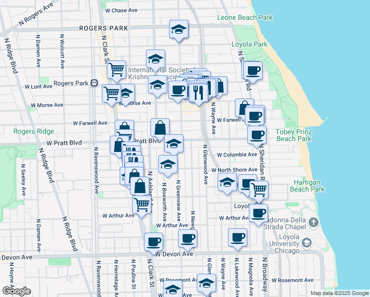 map of restaurants, bars, coffee shops, grocery stores, and more near 6732 North Newgard Avenue in Chicago