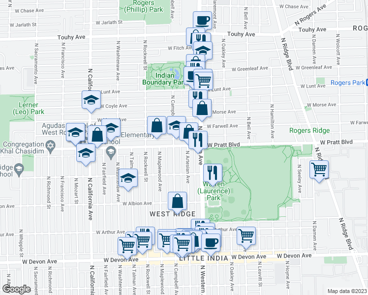 map of restaurants, bars, coffee shops, grocery stores, and more near 6744 North Artesian Avenue in Chicago