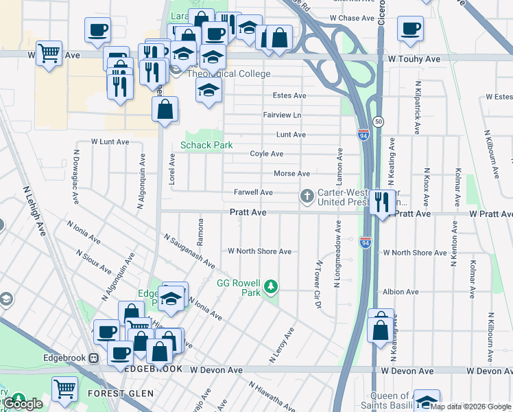 map of restaurants, bars, coffee shops, grocery stores, and more near in Skokie