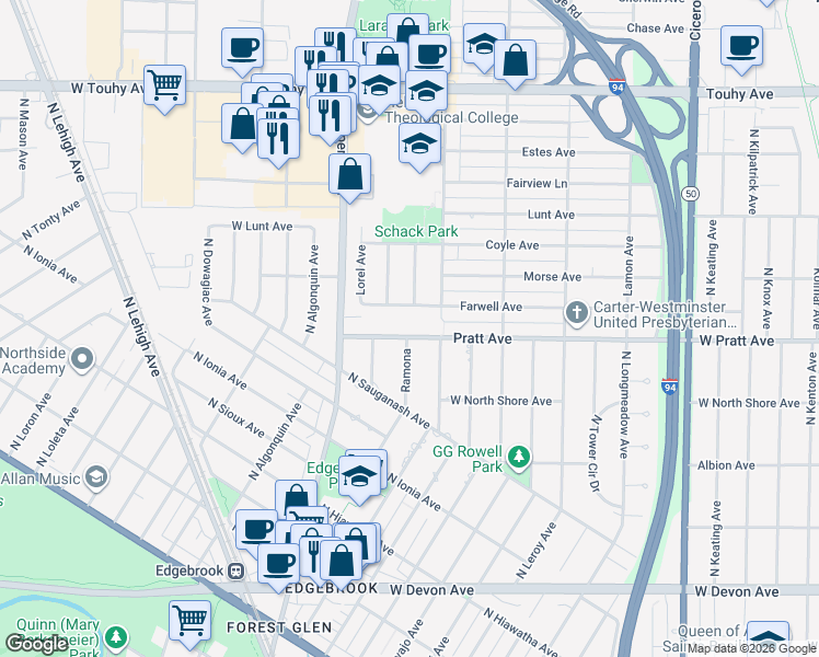 map of restaurants, bars, coffee shops, grocery stores, and more near 6755 Ramona in Lincolnwood