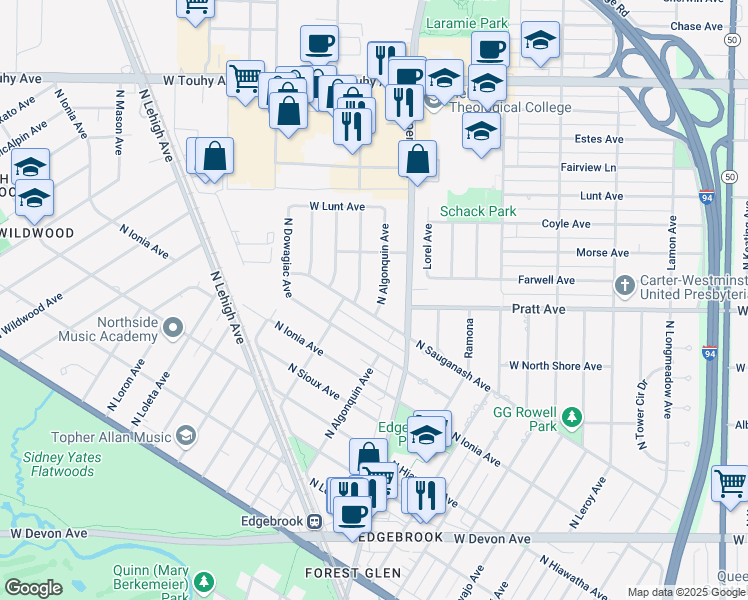 map of restaurants, bars, coffee shops, grocery stores, and more near 6800 North Algonquin Avenue in Chicago