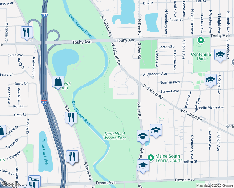 map of restaurants, bars, coffee shops, grocery stores, and more near 2500 Windsor Mall in Park Ridge
