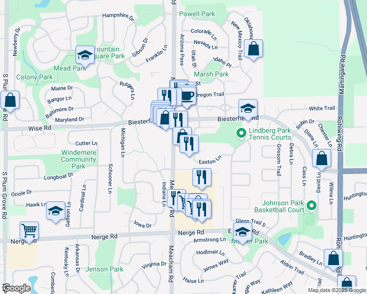 map of restaurants, bars, coffee shops, grocery stores, and more near 707 Meacham Road in Elk Grove Village
