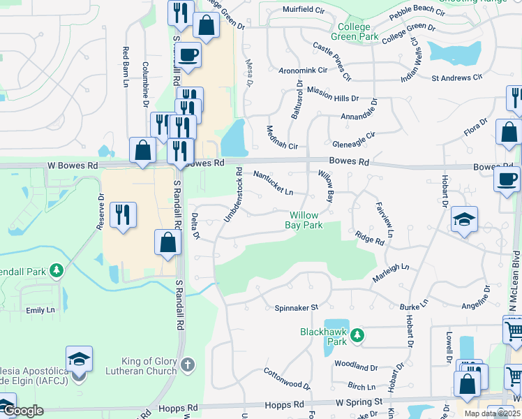 map of restaurants, bars, coffee shops, grocery stores, and more near 2347 Coral Cove in Elgin