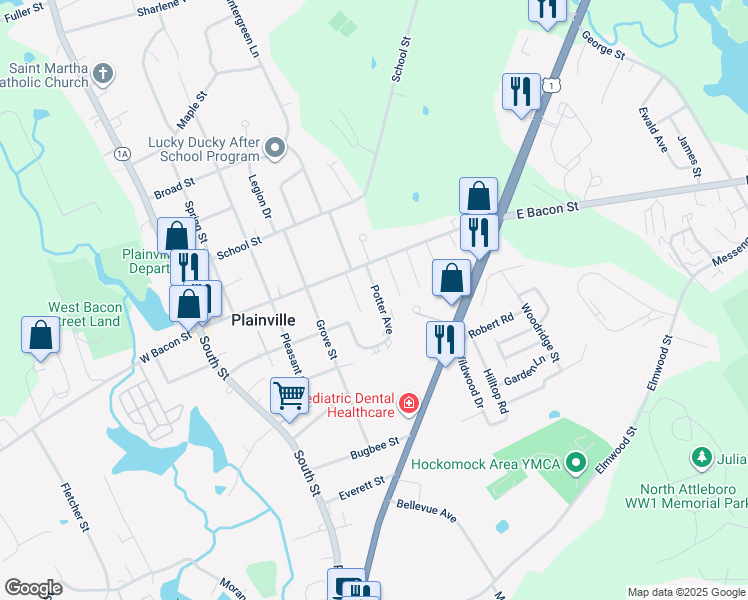 map of restaurants, bars, coffee shops, grocery stores, and more near 15 Potter Avenue in Plainville