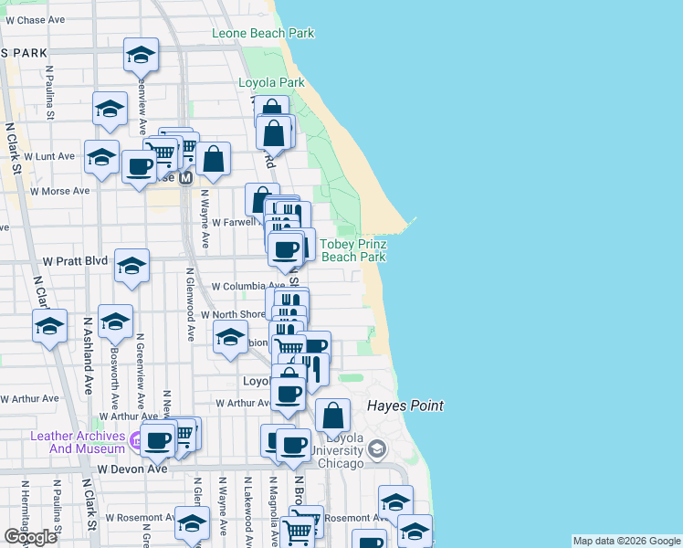 map of restaurants, bars, coffee shops, grocery stores, and more near 1101 West Columbia Avenue in Chicago