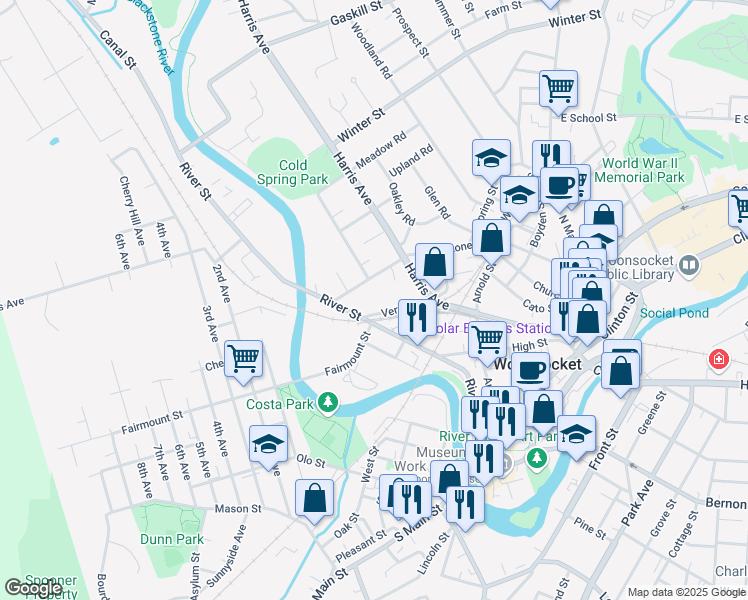 map of restaurants, bars, coffee shops, grocery stores, and more near 49 Blackstone Street in Woonsocket