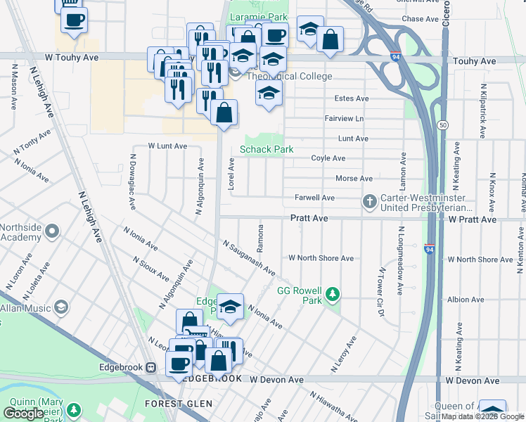 map of restaurants, bars, coffee shops, grocery stores, and more near 6755 Ramona in Lincolnwood