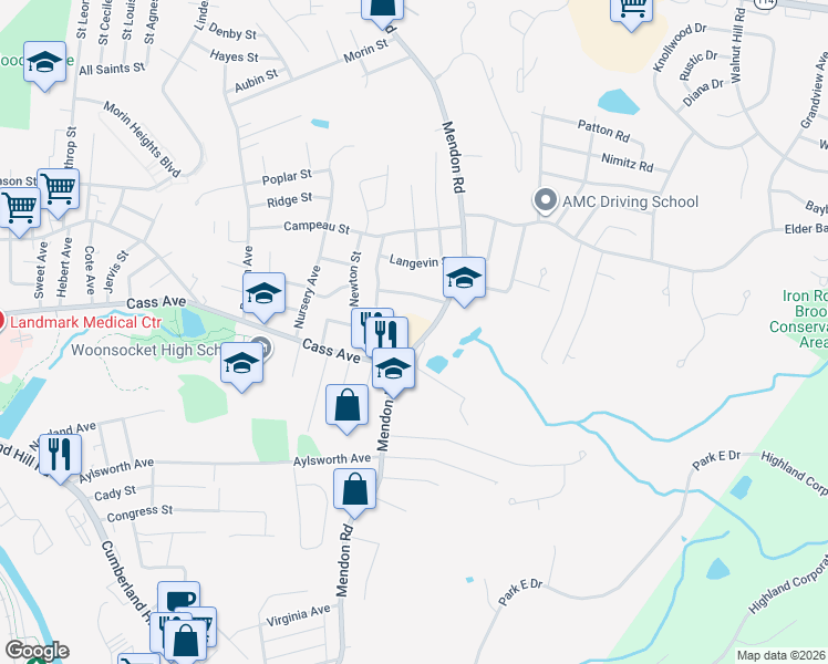 map of restaurants, bars, coffee shops, grocery stores, and more near 1065 Mendon Road in Woonsocket
