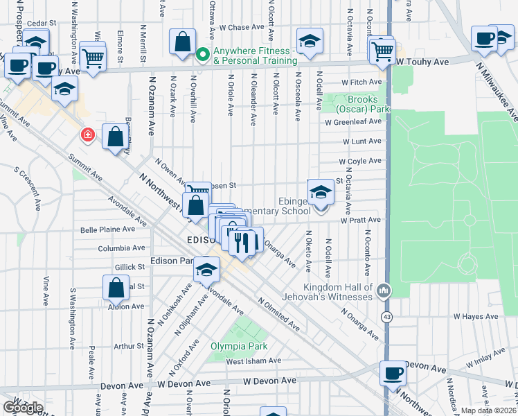 map of restaurants, bars, coffee shops, grocery stores, and more near 6829 North Oleander Avenue in Chicago