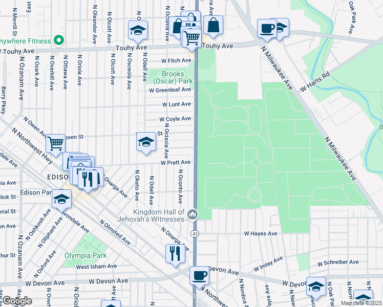 map of restaurants, bars, coffee shops, grocery stores, and more near 7206 West Pratt Avenue in Chicago