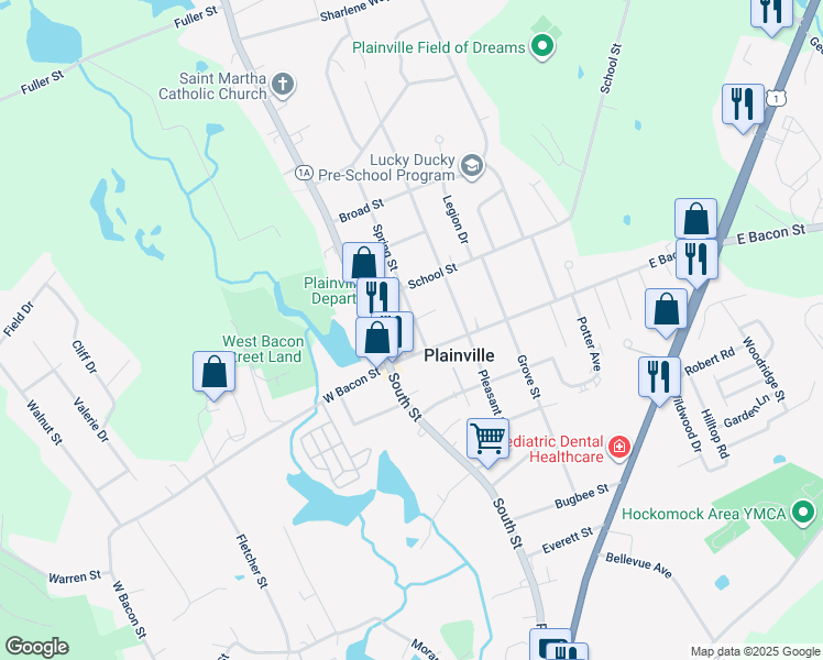 map of restaurants, bars, coffee shops, grocery stores, and more near 15 East Bacon Street in Plainville