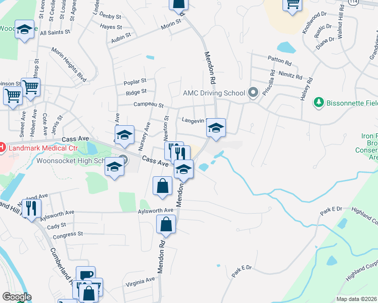 map of restaurants, bars, coffee shops, grocery stores, and more near 1097 Mendon Road in Woonsocket
