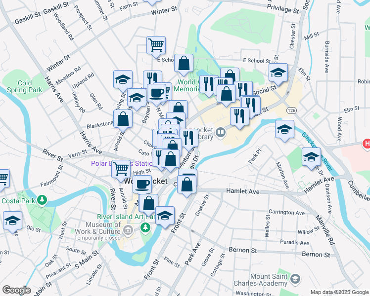map of restaurants, bars, coffee shops, grocery stores, and more near 137 Clinton Street in Woonsocket
