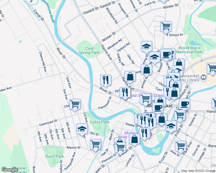 map of restaurants, bars, coffee shops, grocery stores, and more near 558 River Street in Woonsocket