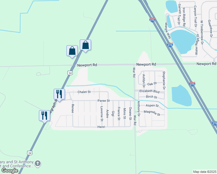 map of restaurants, bars, coffee shops, grocery stores, and more near 1125 Chalet Street in Monroe County