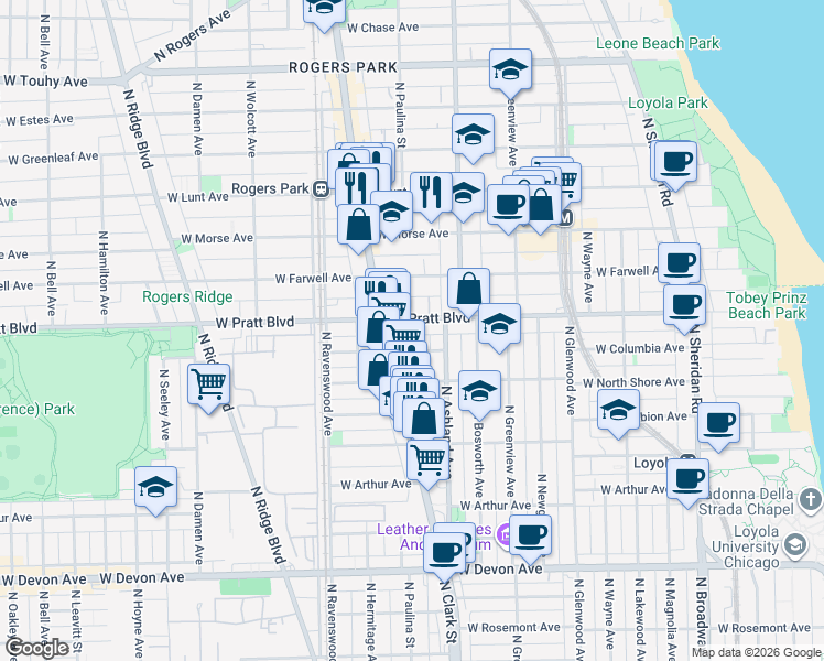 map of restaurants, bars, coffee shops, grocery stores, and more near 1632 West Columbia Avenue in Chicago