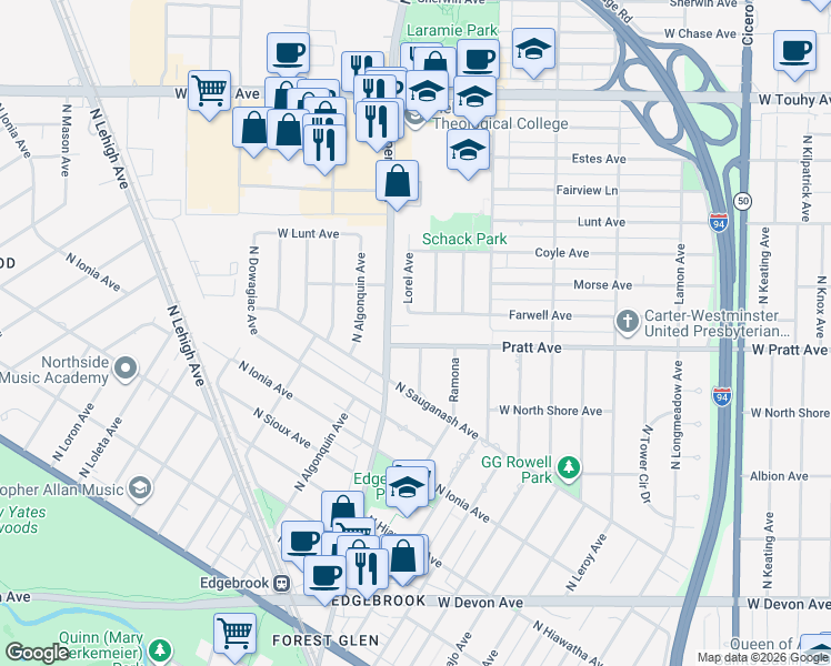 map of restaurants, bars, coffee shops, grocery stores, and more near in Skokie