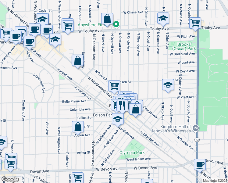 map of restaurants, bars, coffee shops, grocery stores, and more near 6830 North Overhill Avenue in Chicago