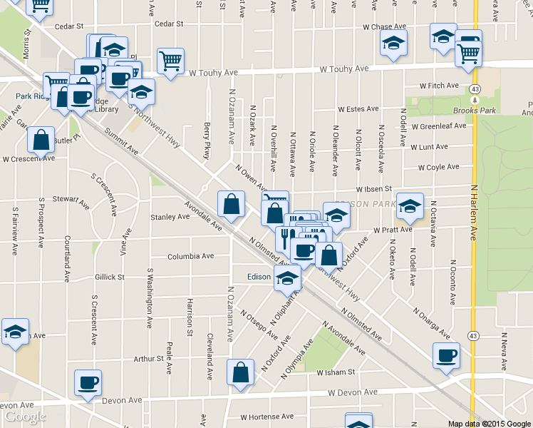 map of restaurants, bars, coffee shops, grocery stores, and more near 6830 North Overhill Avenue in Chicago