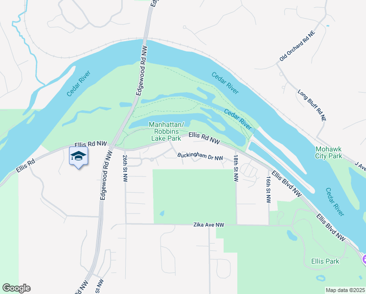 map of restaurants, bars, coffee shops, grocery stores, and more near 2121 Buckingham Drive Northwest in Cedar Rapids