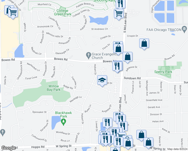 map of restaurants, bars, coffee shops, grocery stores, and more near 1 Hobart Court in South Elgin