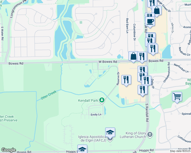map of restaurants, bars, coffee shops, grocery stores, and more near 1023 Crane Pointe in Elgin