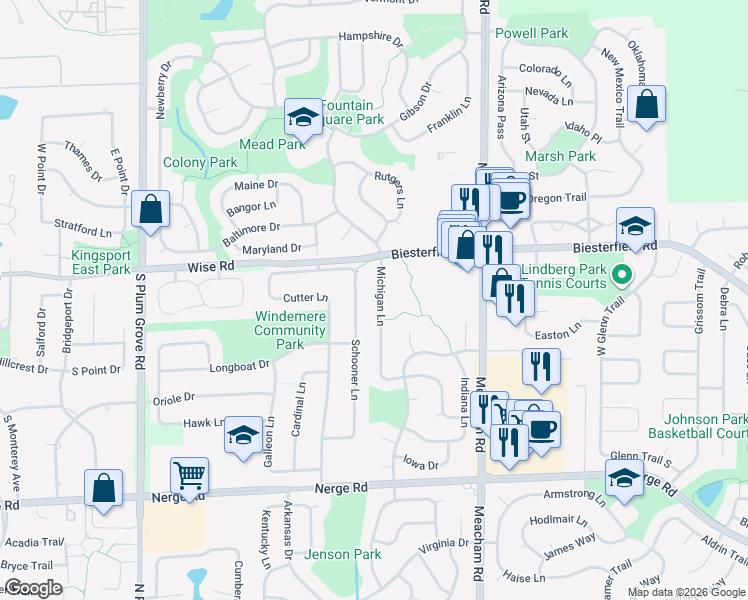 map of restaurants, bars, coffee shops, grocery stores, and more near 692 Michigan Lane in Elk Grove Village