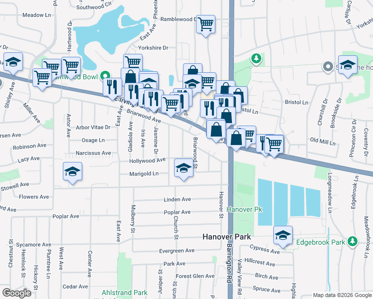 map of restaurants, bars, coffee shops, grocery stores, and more near 1770 Hollywood Avenue in Hanover Park
